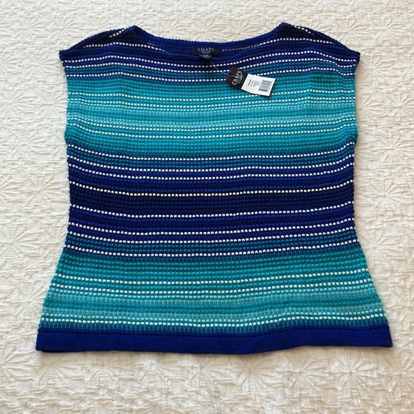 Chaps knit sleeveless top with rounded neckline in shades of teal blue & white - Picture 7 of 14